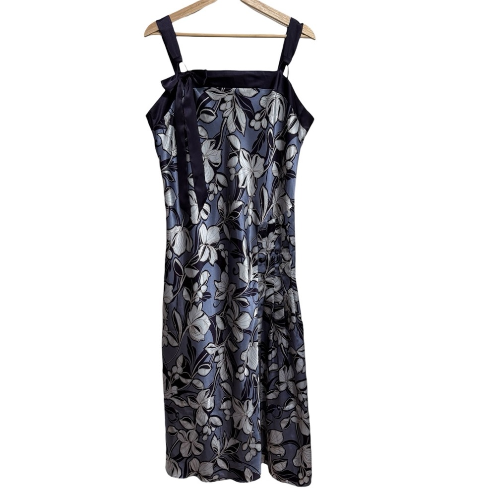 Sensara Floral Pleated Bow Midi Dress Women XL Satin Date Night Wedding‎ Guest